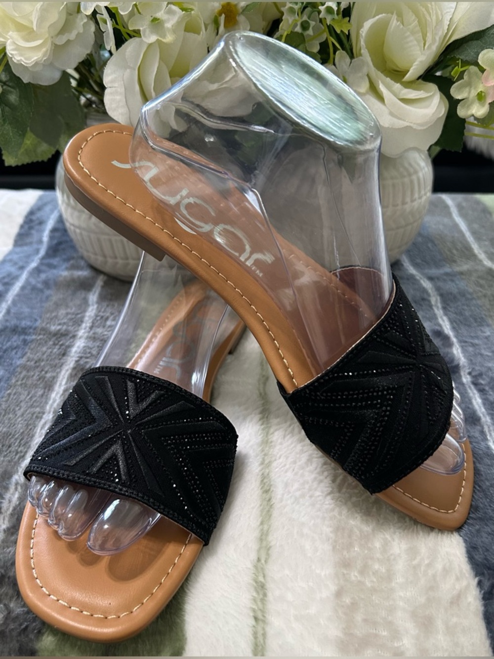NWOT Sugar Black Crystal Slide Sandals with Tan Footbed Size 40:US 9-9.5
